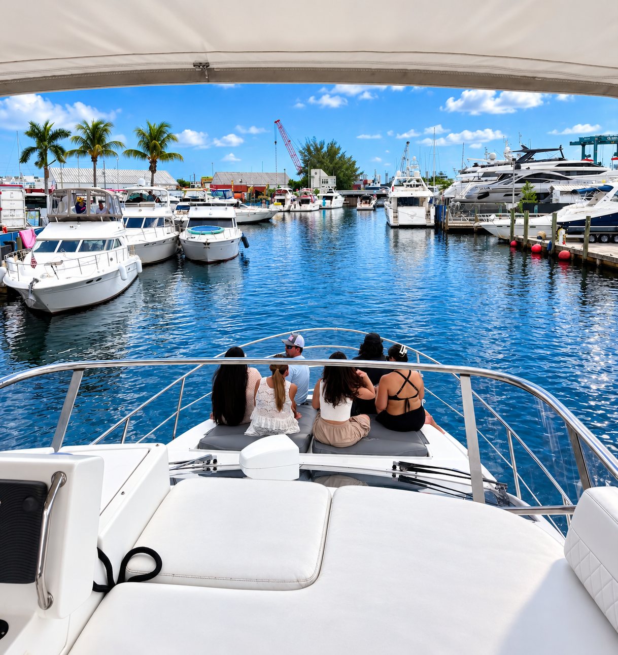 Guests aboard an On Deck yacht charter cruising past a Miami marina